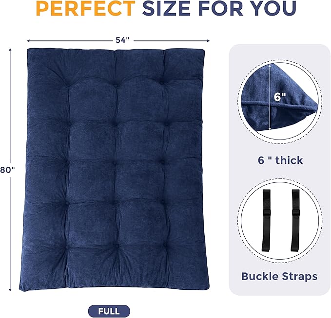MAXYOYO Floor Mattress Full Size, 6" Chenille Japanese Futon Mattress Foldable Floor Bed for Adults Tufted Roll Up Floor Couch Bed, Tatami Mat Sleeping Pad for Living Room, Bedroom, Navy