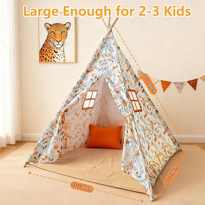 Bedroom Teepee Tent for Boys and Pets– Leopard Safari Indoor Play Tent for Ages 3–8 with Star Lights & Padded Mat, Leopard Canvas Teepee with 2 Windows, Skin-Friendly Washable, Easy Setup Cat House