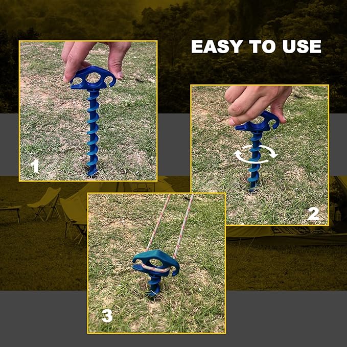 Tent Stakes Ground Anchors Screw in, 6 Pack Sand Stakes for Beach 9.4 Inch Heavy Duty Spiral Tent Pegs for Camping, Party, Hiking, Outdoor Decoration (6, Blue)