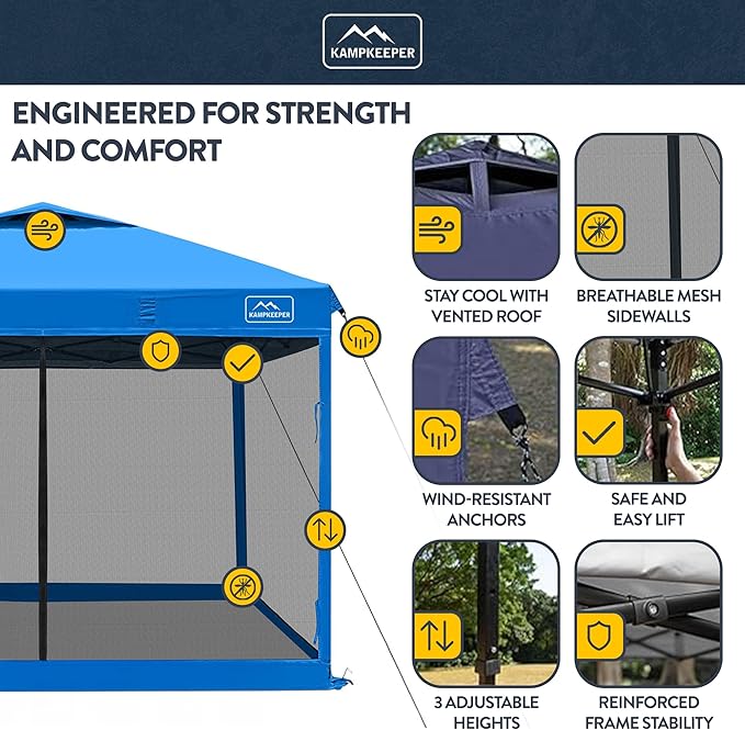 KAMPKEEPER 10x10 Pop-Up Canopy Tent, Waterproof, Portable Shade with Side Walls, Adjustable Instant Outdoor Shelter for Camping, Backyard, and Events, Light Blue