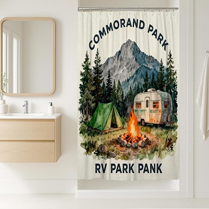 Mountain Stall Shower Curtain, Outdoor Adventure Tent Campfire Summer Green Waterproof Fabric Decorative Bathroom Curtain for Bathroom Toile Guest Room Decor 36x72 Inch