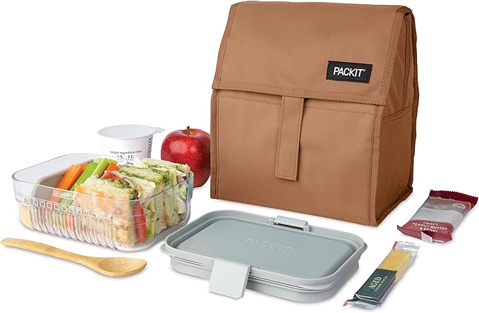 Packit® Freezable Lunch Bag, Almond, Built with ECOFREEZE® Technology, Foldable, Reusable, Zip and Fold Closure with Buckle Handle, Designed for Work Lunches and Fresh Lunch On the Go