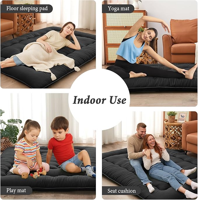 DAICO Japanese Floor Mattress, 4'' Thicken Futon Mattress Tatami Mat, Sleeping Pad Foldable Roll Up Mat for Camping and Guest Room, Queen Size 60''*80'', Black