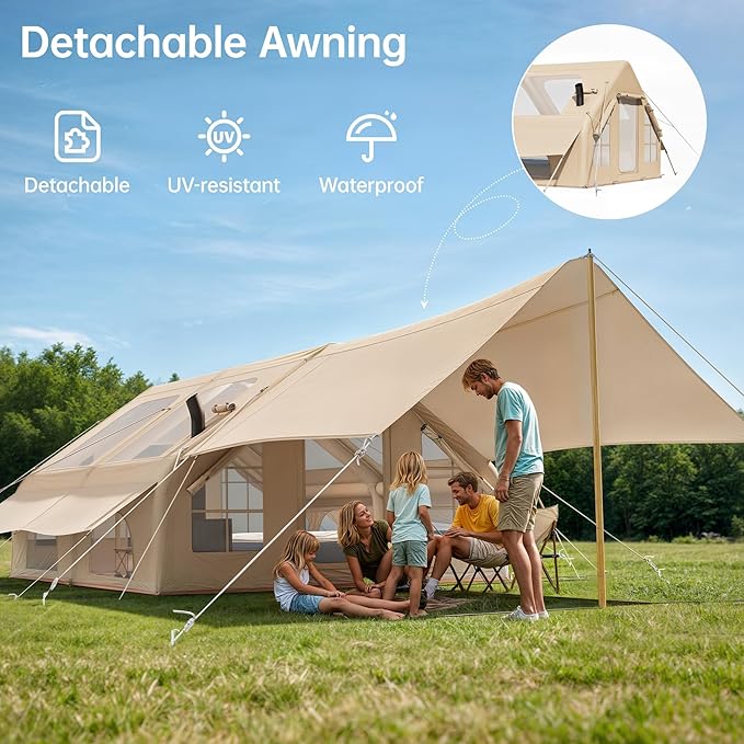 Inflatable Camping Tent with Pump & 1/2 Awnings, 8-14 Person Air Tents for Camping Adult, Large Waterproof Oxford Family Glamping Tent, Quick Setup Big Tent for Outdoor Camping