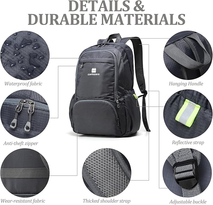 Lightweight Packable Travel Backpack, 30L Grey Daypack Hiking Backpack for Women Men, Waterproof and Foldable, Travel Backpack Carry on Flight Approved
