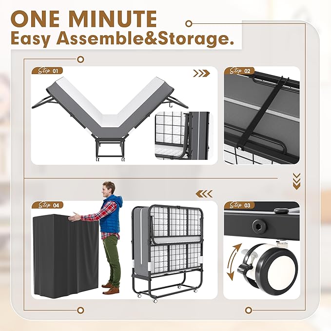 Bonusall Folding Bed with 5" Thick Memory Foam Mattress, Twin Size Rollaway Guest Bed for Adults, Sturdy Metal Frame Foldable Bed on Wheels, Portable Space-Saving Bed for Home & Office, 75" x 38" | 5" Memory Foam Base, 450 lbs Max Capacity, 360° Swivel...