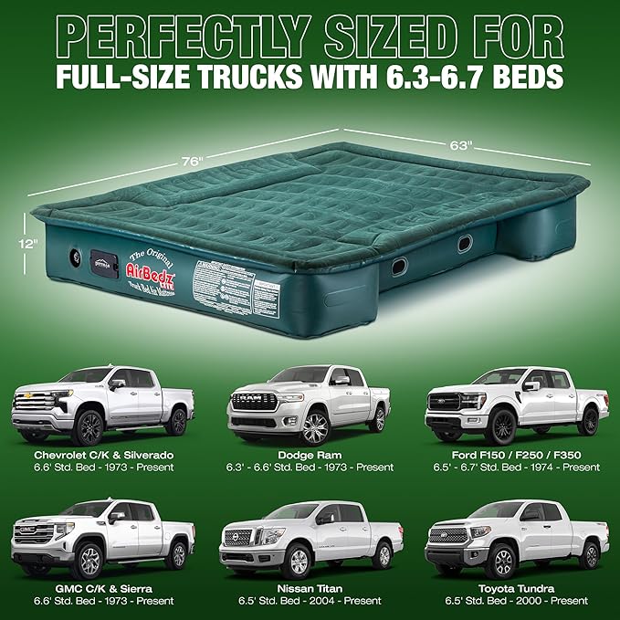 Pittman Truck Bed Air Mattress for 6.5 Foot Inflatable Truck Bed Mattress with Built in Pump - Fits Full Size Short Pickups - Blow Up Pickup Matress for Camping Fits F150, Silverado & Tundra - PV202G2