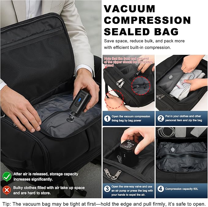 P POSO Vacuum Backpack Travel 60L Expandable Vacuum Seal Compression Travel Backpack with Pump, Laptop Compartment, Water-Resistant Business & Travel Carry-On Easyvacpack Vacuum Christmas Gift for Men