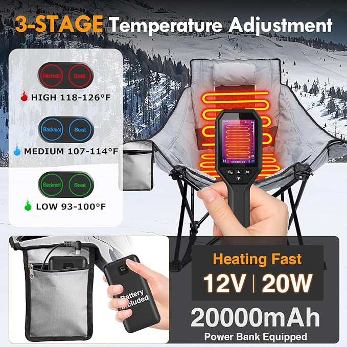 Slendor Heated Rocking Camping Chair with Padded & Pillow, 2000mAh Power Bank, 3 Adjustable Heat Settings, Oversized Camping Chair for Easy Setup and Foldable Storage, Gray