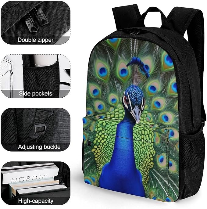 Supdreamc Men Women Lightweight Peacock Feather Daypack Bookbag Big Capacity Carry On Bag With Side Pockets for Camping Travel Bicycle