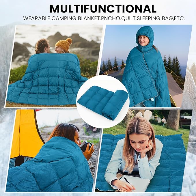 Hooded Down Camping Blanket Waterproof 650 Fill Puffy Poncho Blanket 77" x 50" Packable Wearable Sleeping Bag with Detachable Hat Outdoor Stadium Camping Cold Weather, 1.36 lb(Teal Blue)