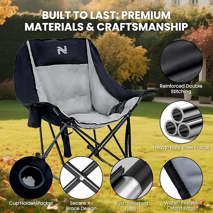 Begonia.K Oversized Heated Rocking Camping Chair - 400lbs Capacity Padded Camping Recliner w/ 3 Levels Back Seat Heat - Folding Lawn Chair with Side Pockets for Camp Patio Backyard