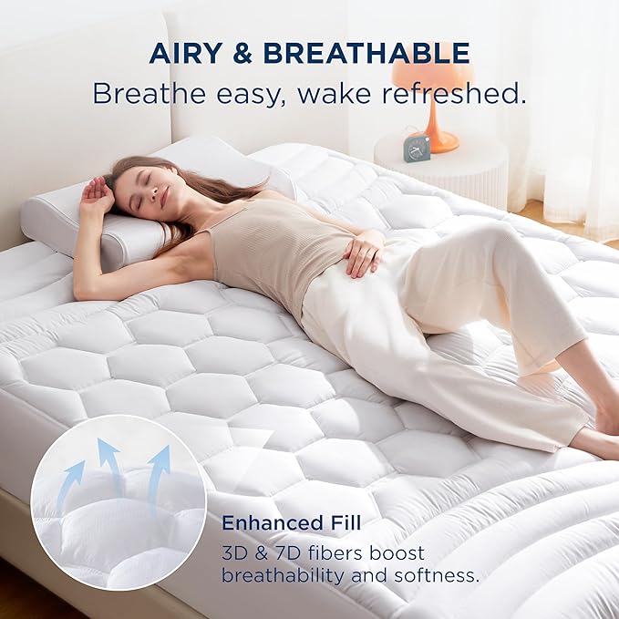 Bedsure Twin Mattress Pad Cover - Quilted Fitted Mattress Topper Protector with 8-21 Inches Deep Pocket, Noiseless Breathable Bed Cover Padded, Machine Washable, White,39x75 Inches