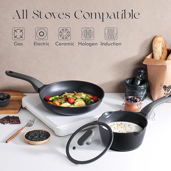 PRICUSIS Nonstick Ceramic Frying Pan with Lid, 8/10 Inch Skillet with Stay Cool Handle, Fully Coated, Induction Compatible & Oven Safe, 100% Dishwasher Safe, PTFE & PFOA Free（10 Inch, Black Sesame）