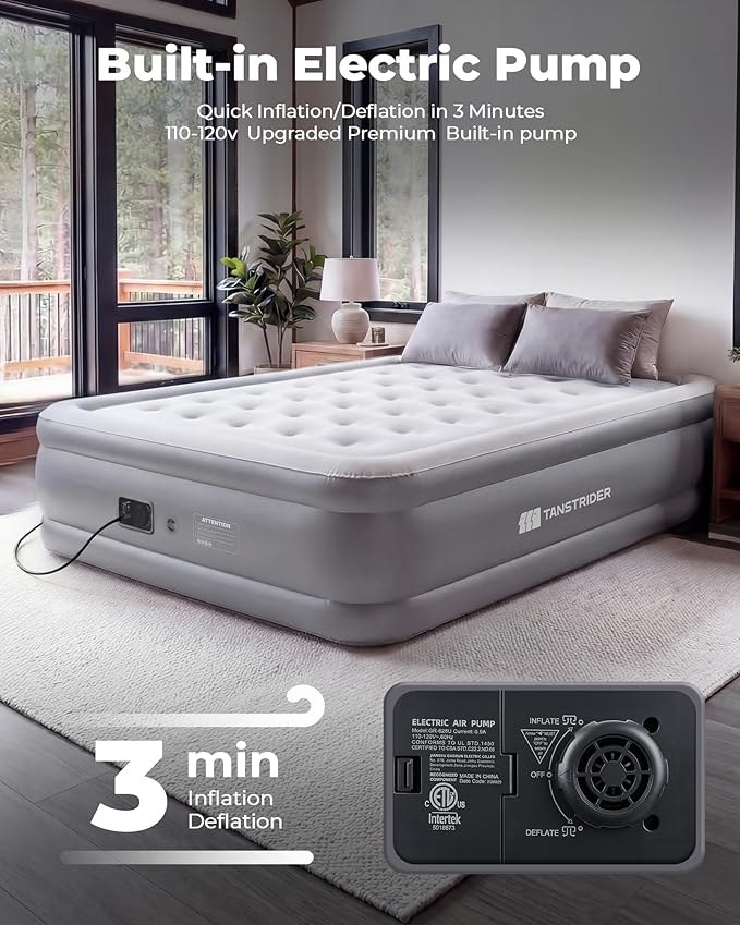 Air Mattress Full with Built in Pump,18'' Raised Inflatable Blow Up Air Bed, 3 Mins Quick Self-Inflation/Deflation Inflatable Bed for Guests & Home, Outdoor Camping and Travel (Gray)