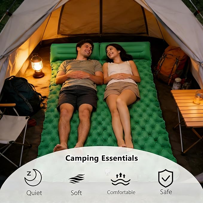 SNZ Camping Sleeping Pad, Ultralight Camping Mat with Pillow, Built-in Foot Pump Inflatable Sleeping Pads Compact for Backpacking, Tent, Travel, Outdoor Activities (Double)