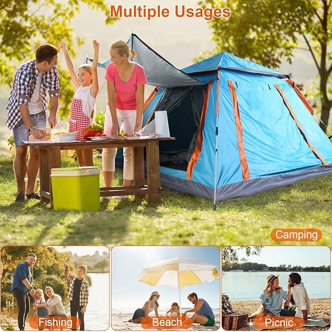 4-6 Person Pop-Up Camping Tent, Portable Instant Setup Family Tent with 2 Windows, for Hiking, Backpacking & Outdoor Adventures, Waterproof & Windproof