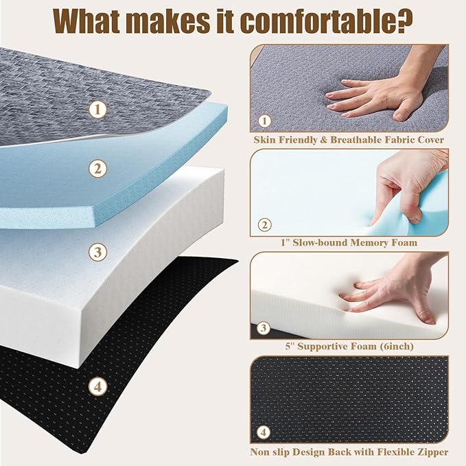 Trifold Mattress Queen Size 6 Inch - Foldable Memory Foam Mattress for Camping, Travel, RV, Guest Bed & Yoga - No Slip Bottom, Washable Cover with Handles - Portable Folding Floor Cushion 78"x58"x6"