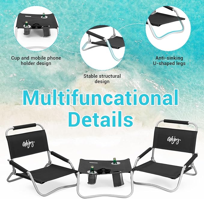 #WEJOY 2 Pack Beach Chairs and Table Set Folding Low Beach Chairs for Adults Lightweight Beach Chair with Carry Bag for Outdoor Beach Lawn Camping Picnic Blue Beach Chair & Table Set