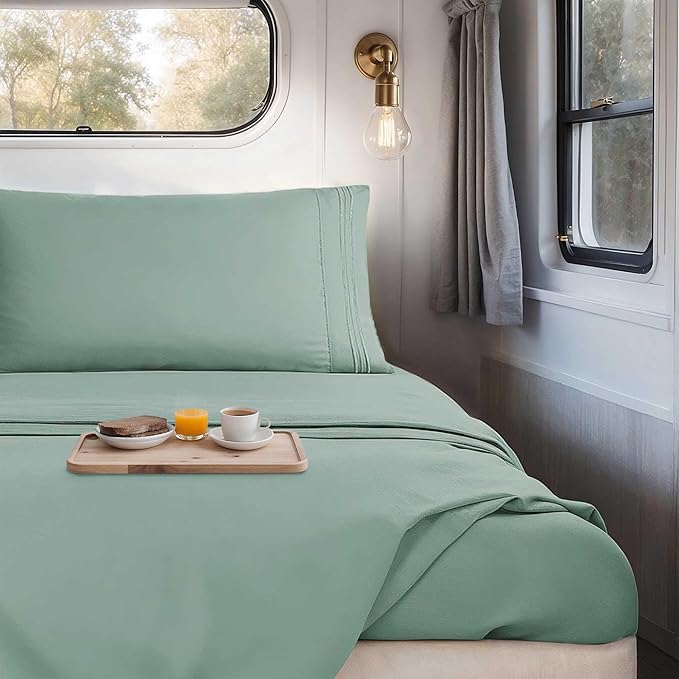 Hearth & Harbor Short Queen Sheets for RV, Light Sage RV Queen Sheets, Silky Soft 1800 Microfiber Bed Sheet for Camper, 4 Piece RV Bedding with Pillowcases