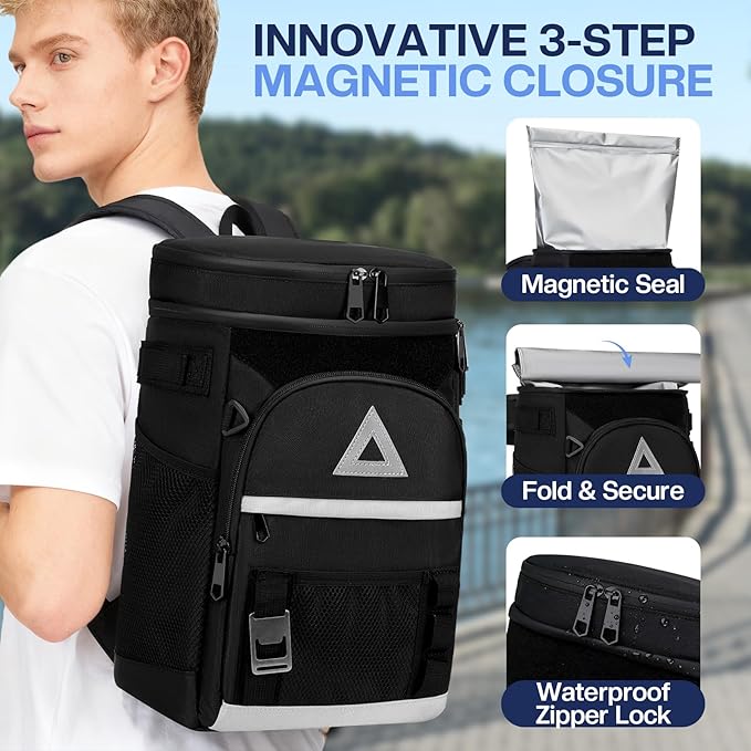 Bacgnyer Backpack Cooler Insulated Leakproof - Waterproof 22L Cooler Bag for Men & Women, Portable Soft Sided for Camping, Beach, Fishing, Lunch, Hiking with Magnetic Fold & Dry Storage Design