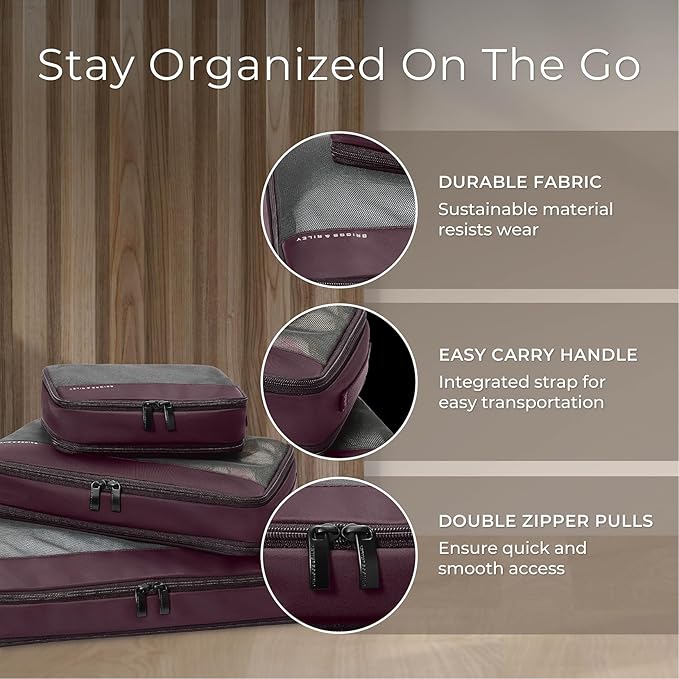 Briggs & Riley Compression Packing Cube Set - Bag Organizer for Check In Suitcase & Luggage, For Women & Men, Pack Accessories for Vacation - 3-Piece, Plum