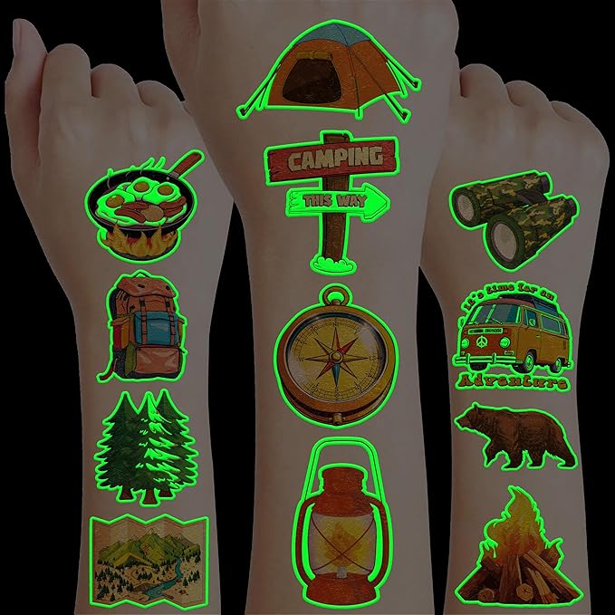 96PCS Camping Camp Camper Campfire Pre-Cut Luminous Glow in the dark Temporary Tattoos for Kids | Super Cute Themed Birthday Party Favors Supplies Decorations, Fake Tattoos Gifts for Boys Girls