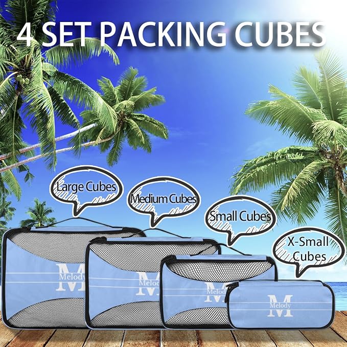 Custom Name 4 Pcs set travel luggage organizer Mesh Travel Essentials for Suitcases, Light Sky Blue with Initial Letter