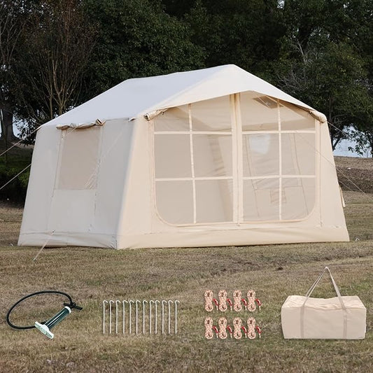 Inflatable Camping Tent with Hand Pump Waterproof Outdoor Blow up Tent 2-8 Person Oxford 4 Season Glamping Air Tent Cabin House with Mesh Windows & Door