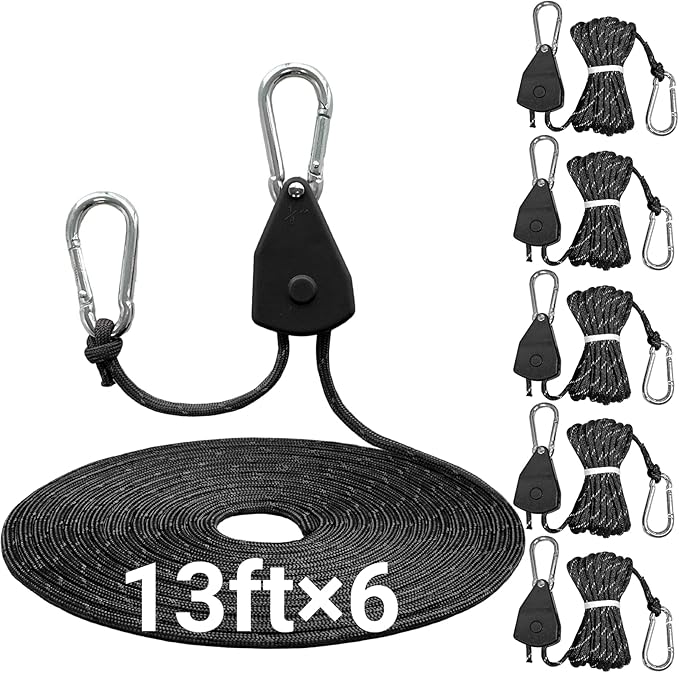 13ft Adjustable Outdoor Windproof Rope Ratchet Strap Tie Down Straps Small Mini Reflctive Paracord Rope Tent Hanger Grow Light Kayak 5/32" Black 6 Pack
