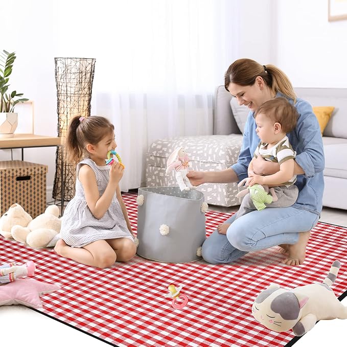 Extra Large Picnic Blanket Waterproof Camping Mat Rug with PU Carrier Soft Lightweight Portable Outdoor Mat for Travel Lawn Camping on Grass Sand-Proof Beach Red White Plaid