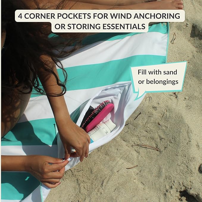 Plush Microfiber Beach Blanket, Extra Large Beach Mat for 3-6 Persons, Sandproof, Windproof | Hole for Umbrella, Corner Sand Pockets to Fight Wind (Bag for Blanket Included)