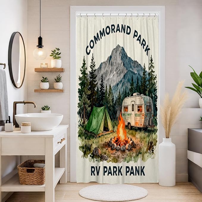 Mountain Stall Shower Curtain, Outdoor Adventure Tent Campfire Summer Green Waterproof Fabric Decorative Bathroom Curtain for Bathroom Toile Guest Room Decor 36x72 Inch