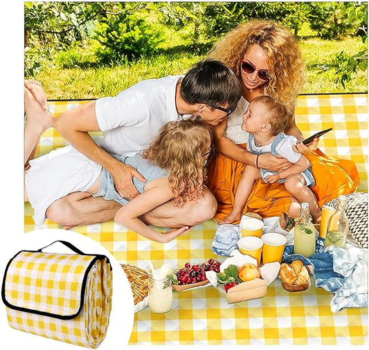 Picnic Outdoor Blankets, Extra Large 79x79in Beach Blanket, Thick 3-Layers Camping Waterproof Mat for Camp Hiking Park, Portable Foldable Rug for Family-Yellow, Sandproof & Machine Washable