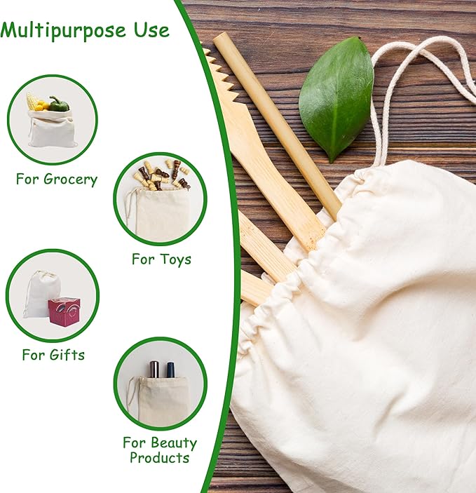 Reusable Cotton Storage Produce Bags With Drawstrings Set of 8 Mixed (S,M,L,XL), Muslin Bags - For Bulk Food Storage, Vegetable, fruit, Food, Snack, Footwear, Toys Storage Bag