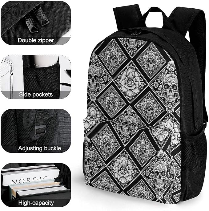 Men Women Polyester Flowers Dead Skull Head Black Casual Daypack Large Capacity Carry On Bag With Adjustable Shoulder Straps for Camping Work Running