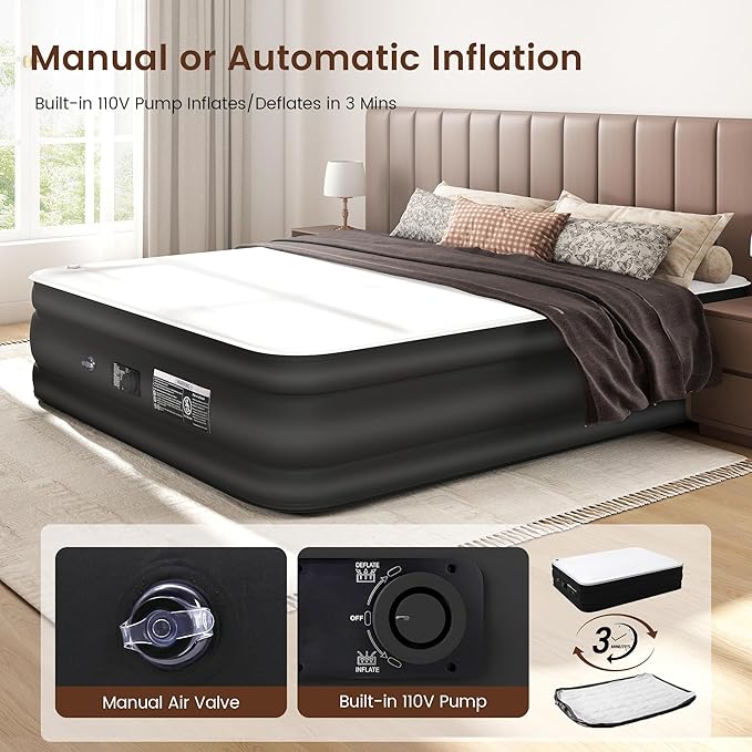 King Size Air Mattress with Built-in Pump, 17" Raised King Blow Up Mattress, Soft Milk Fiber Surface & Foam Topper, Air Bed Portable for Home & Guests, Colchones Inflables, 1200 Lbs