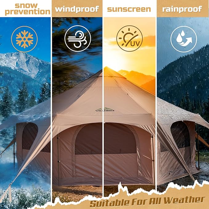16.5ft Canvas Bell Tent, Large Yurt Tent with Stove Jack for Camping & Glamping, 55" High Walls, Maximum Space, Waterproof 4 Season Hot Tent with 8 Mesh Windows & Removable Floor