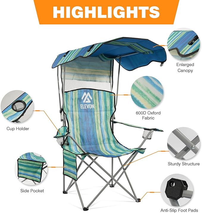 Elevon Camping Chair, Oversized Folding Chair with Canopy, Portable Outdoor Chair with Arms, Cup Holder and Carry Bag for Camping, Fishing, Beach, and Sports, Turquoise