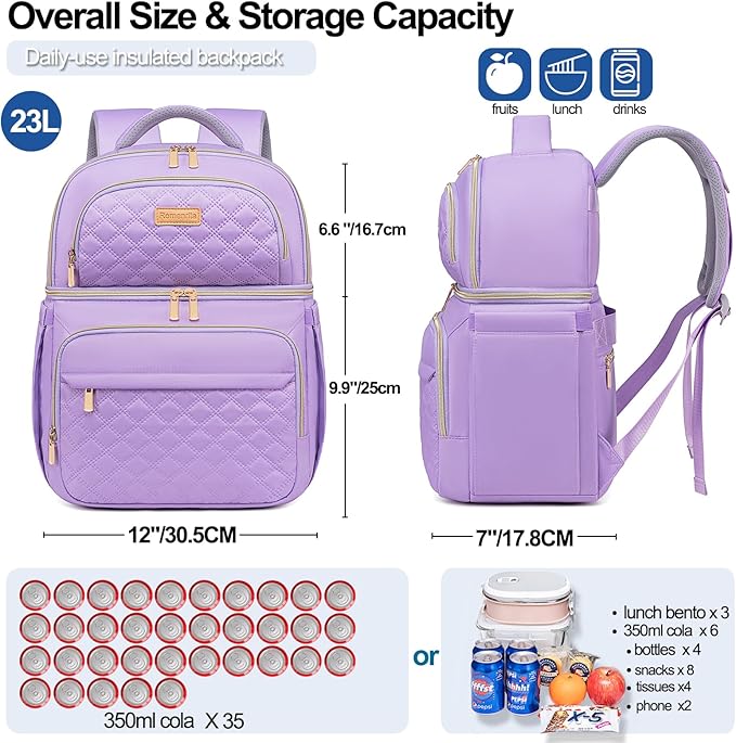 Lunch Backpack Insulated Coolers Backpacks - Lunch Bag for Women Double Decker Lunch Box, Leakproof Lunchbag Large Lunchbox Back Pack Lunch Cooler Bag for Picnic Beach Camping Work
