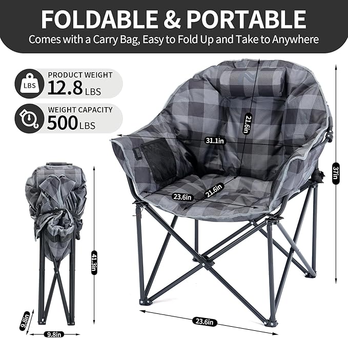 Oversized Heated Camping Chair, 3 Heating Levels Portable Folding Camp Chairs with Pillow and Storage Bag, Outdoor Heated Moon Chair for Camping Lawn Patio Beach and Picnics, Gray Grid