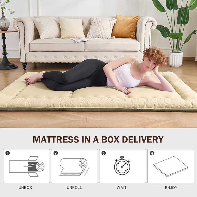 Japanese Floor Futon Mattress Full Size, 4" Thicken Foldable Mattress Tatami Mat Sleeping Pad, 25D Foam Filled Traditional Shiki Futon (shikibuton), Designed in Japan (Beige 54"x 80")