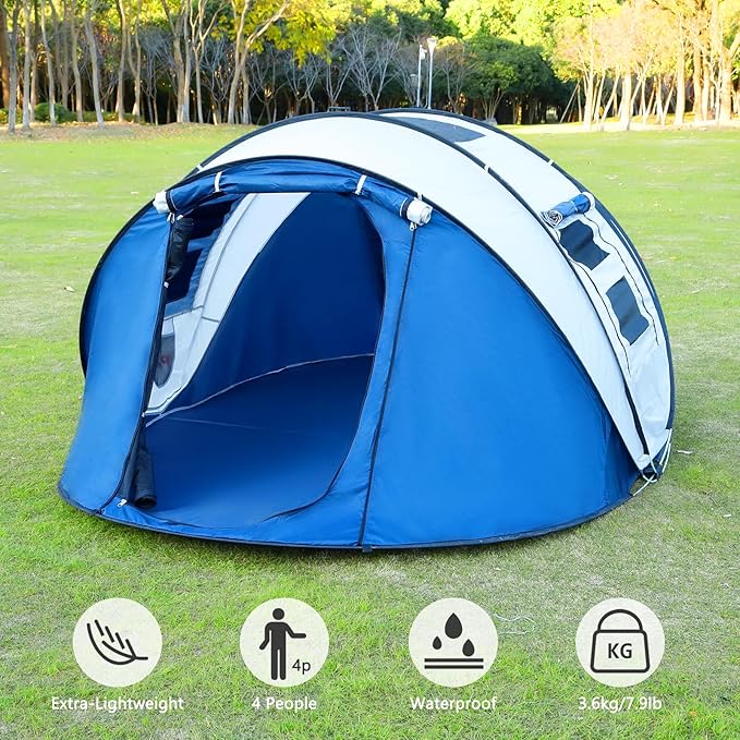 Instant Camping Tent 4 Person Pop Up Portable Instant Cabin Tent with 1-Minute Setup Lightweight Tent for Camping Beach Outdoor Travel Backyard Blue