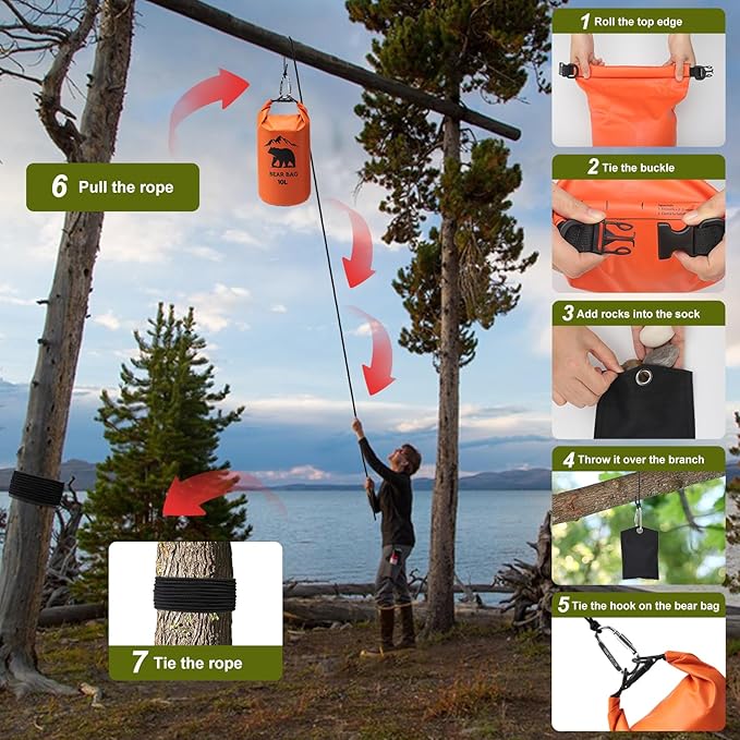 1 Set Bear Bags for Food Backpacking 10L Bear Food Bag Hanging System Bear Proof Food Storage Includes Waterproof Bear Bag, Rock Pouch, Hooks and Nylon Ropes for Camping Hiking (10 L, Orange)