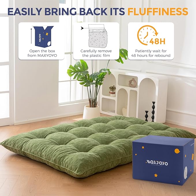 MAXYOYO Floor Mattress Full Size, 6" Chenille Japanese Futon Mattress Foldable Floor Bed for Adults Tufted Roll Up Floor Couch Bed, Tatami Mat Sleeping Pad for Living Room, Bedroom, Green