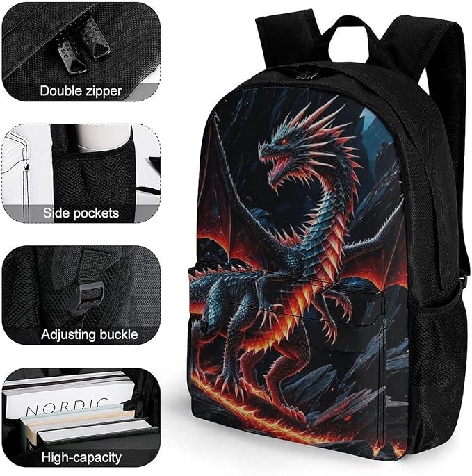 Supdreamc Backpack Multipurpose Anti-Theft Large Capacity Bookbag, Black Cool Dragon Travel Hiking Daypack With Side Pockets
