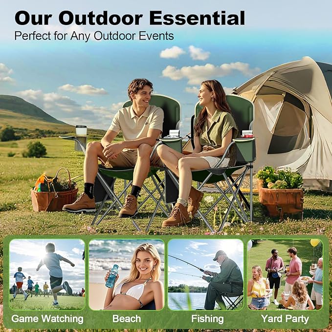 Folding Camping Chairs Durable 600D Oxford, Portable Outdoor Chair with Cooler Pouch, Cup Holder & Storage Pocket for Camping, Beach, Fishing