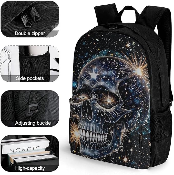 Men Women Polyester Magical Machine Skull Art Daypack Big Capacity Shoulder Bag With Smooth Zippers for Hiking Work Walking Cycling