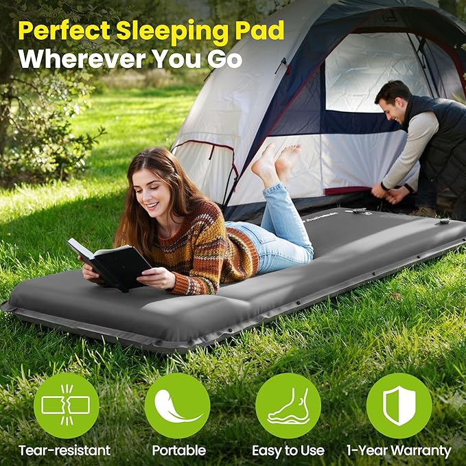 Camping Sleeping Pad, Built-in Foot Pump Inflatable Sleeping Pads, Memory Foam Mattress with Pillow, 4 Season Camping Mattress Pad, Camping Essentials Gear for Tent, Car, Hiking - Grey