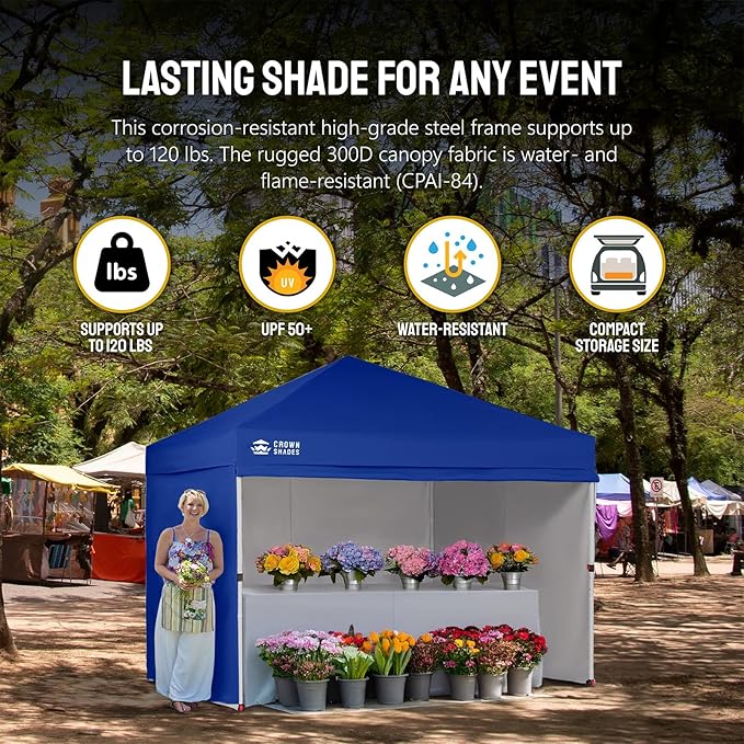 CROWN SHADES 10X10 Comercial Instant Canopy Pop Up Tent with Center Lock (10x10 with 4 Sidewalls, Navy Blue)